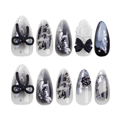 Black three-dimensional bow  pearl love star nail art piece gradual change sequins letter almond ｜365nails