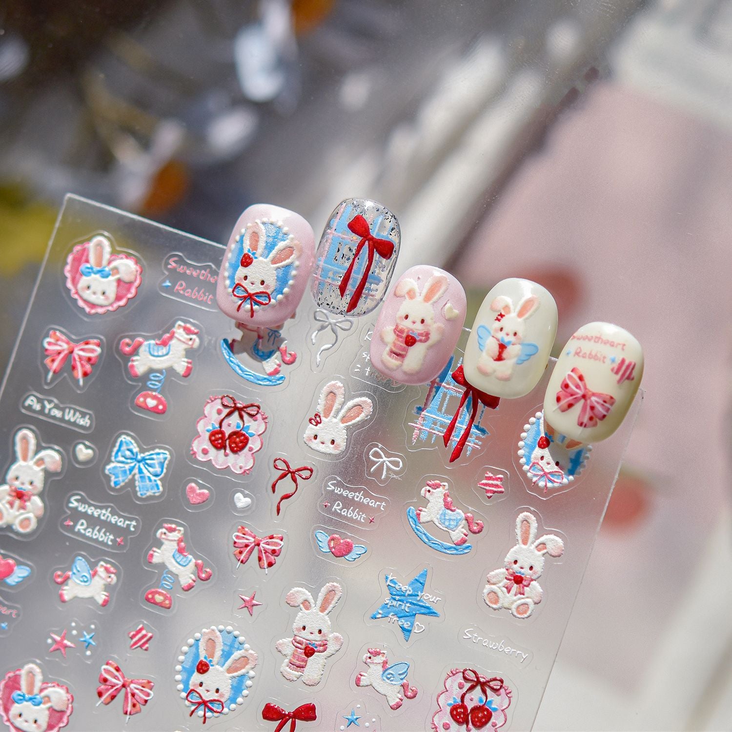 Sweet Bunny Collection: "Strawberry Bunny" – 3D Embossed Nail Sticker