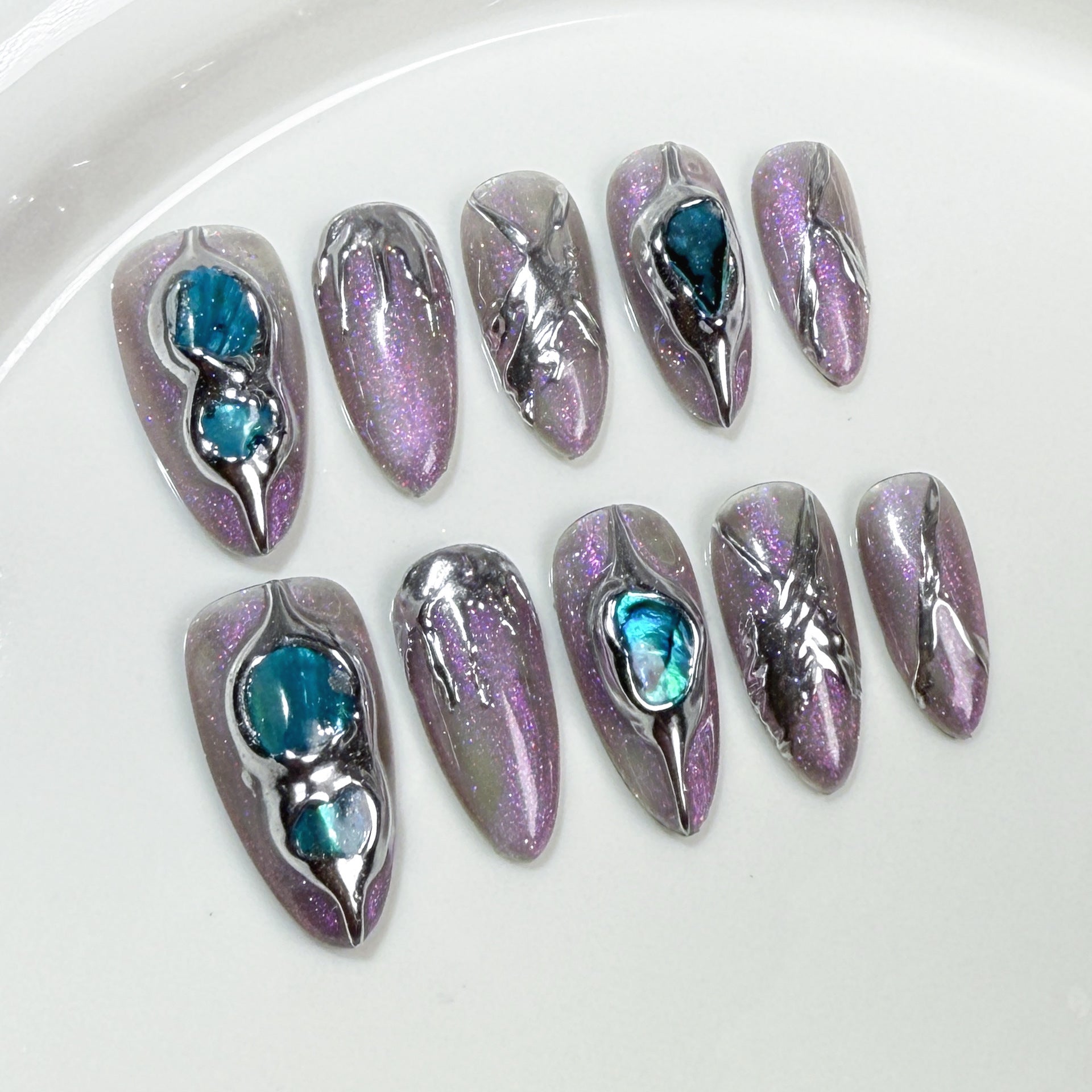 Unhas postiças artesanais, estilo barroco, aurora, transparente, preta, tridimensional, metal, modelador, amêndoa, adesivo para unhas vestível ｜ 365nails