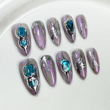 Handmade Press-on Nails Baroque Aurora Transparent Black Three-dimensional Metal Shaping Almond Nail Wearable Nail Sticker｜365nails