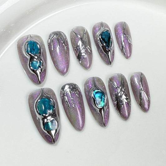 Handmade Press-on Nails Baroque Aurora Transparent Black Three-dimensional Metal Shaping Almond Nail Wearable Nail Sticker｜365nails