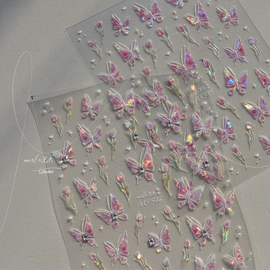Holographic Shell Light Butterfly Nail Stickers – 3D Embossed Iridescent Set