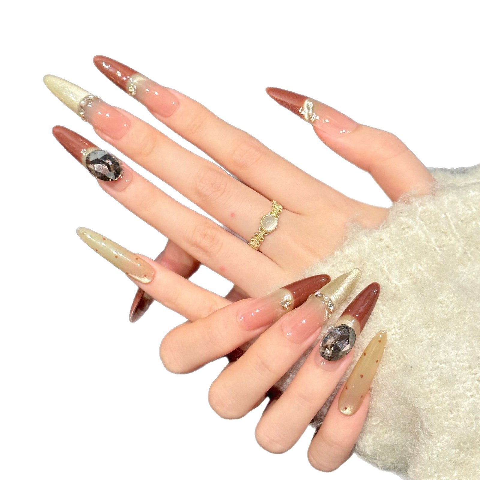 365nails: "Amber Noir" – Uñas Stiletto 3D Hechas a Mano con Gema y Punta Francesa