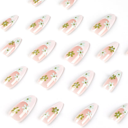 Unhas postiças francesas com borda branca e lindas flores, novas e removíveis, 24 peças, arte para unhas, produto finalizado, atacado｜365nails