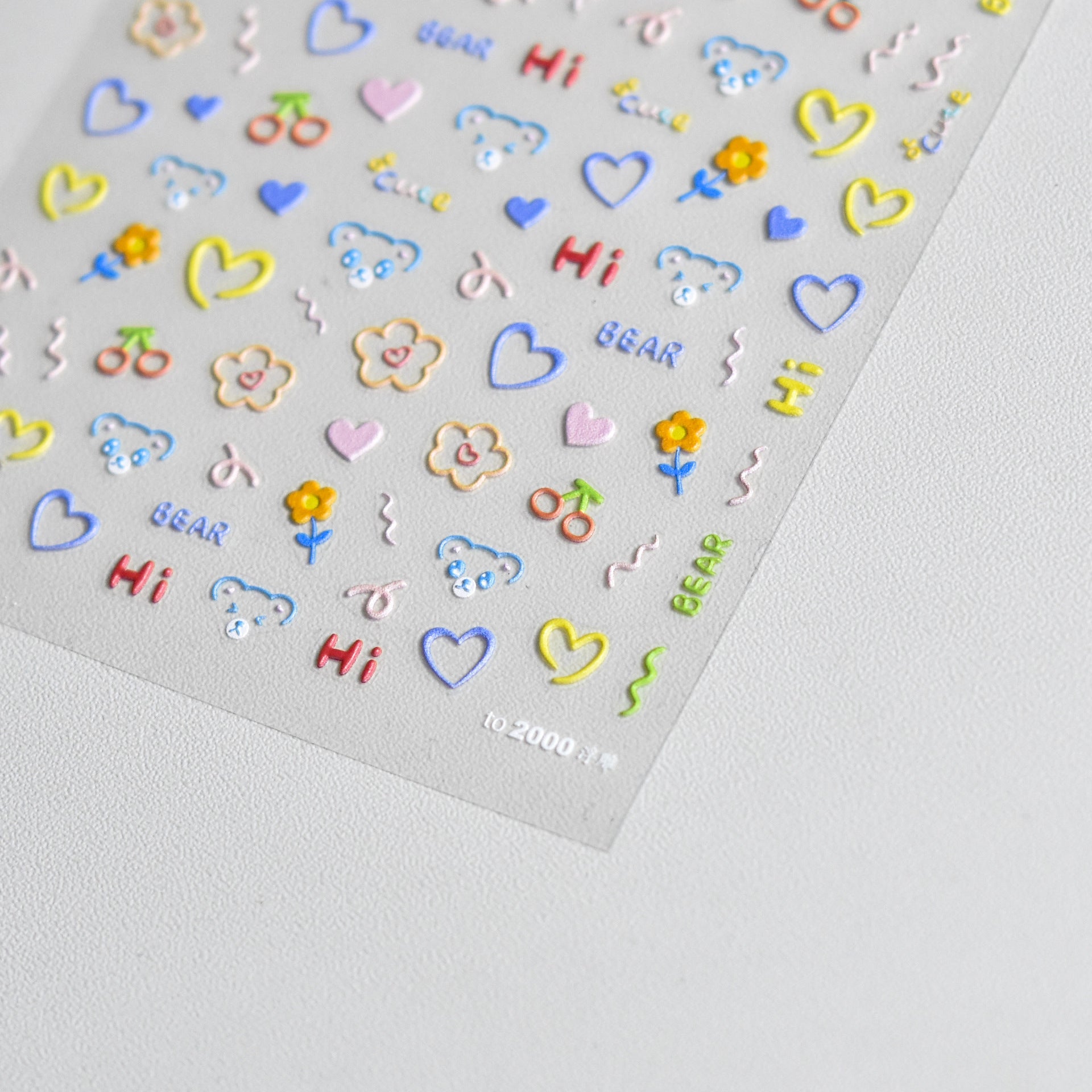 Colorful Bear & Charm: "Playful Doodle" – 5D Embossed Nail Sticker