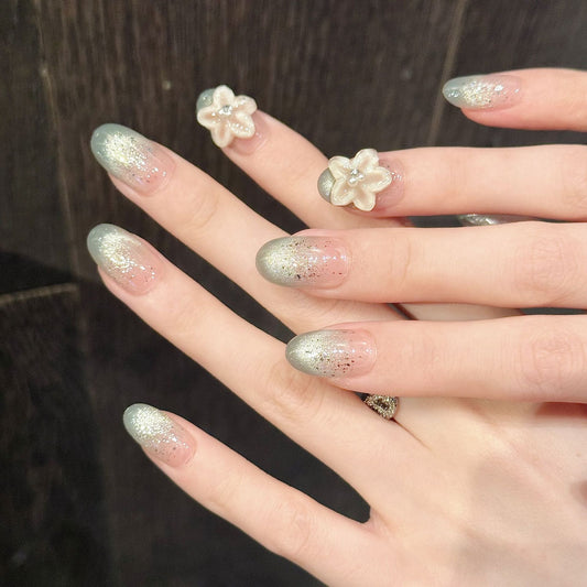 Ice Blue cat eye Translucent Carved Fingertip cat eye Nail Art Short Handmade s | 365nails