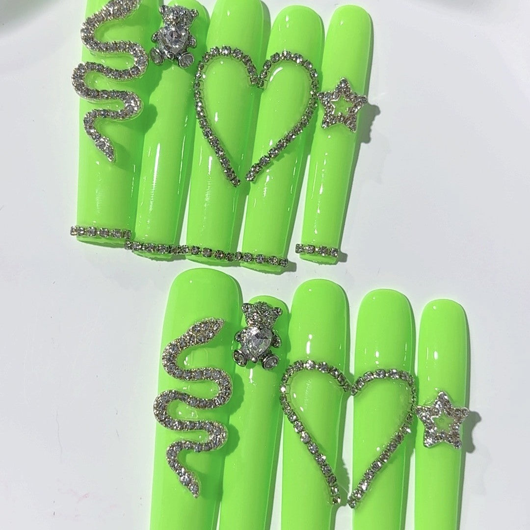Neon Green Crystal Heart Statement Press On Nails