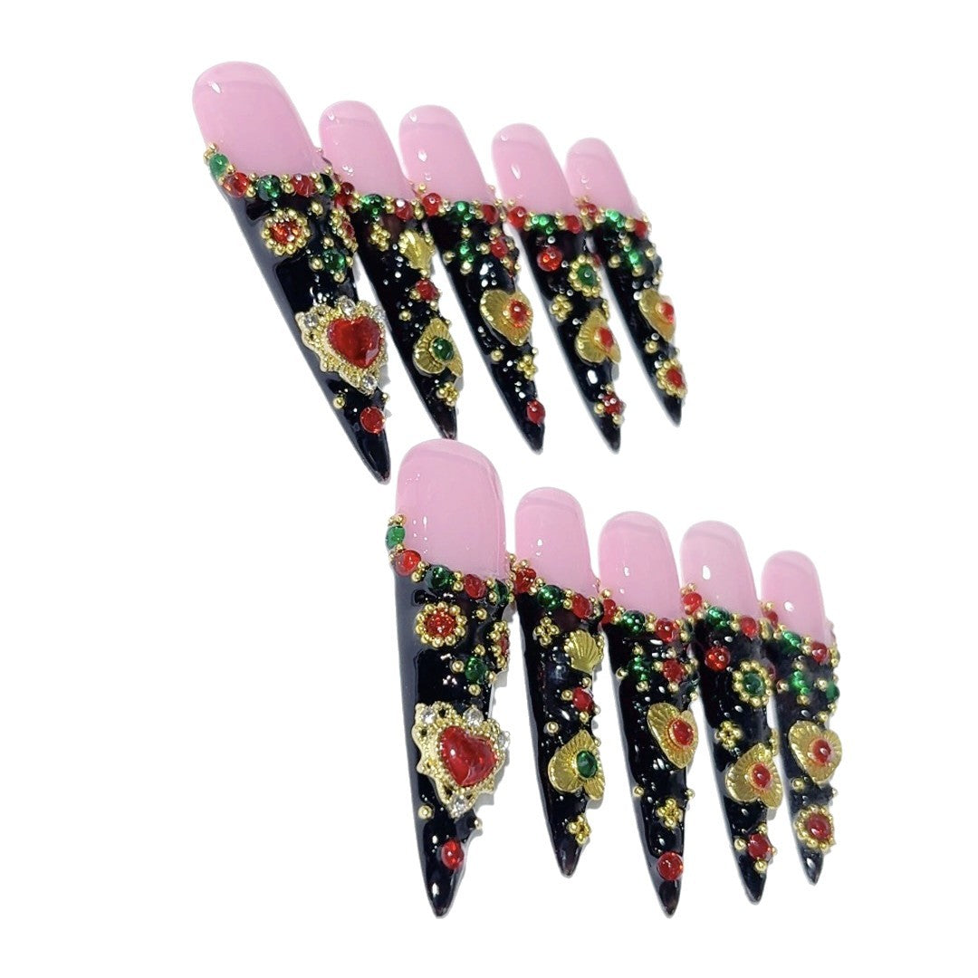 Unhas Postiças Rosa e Preta Barrocas com Joias
