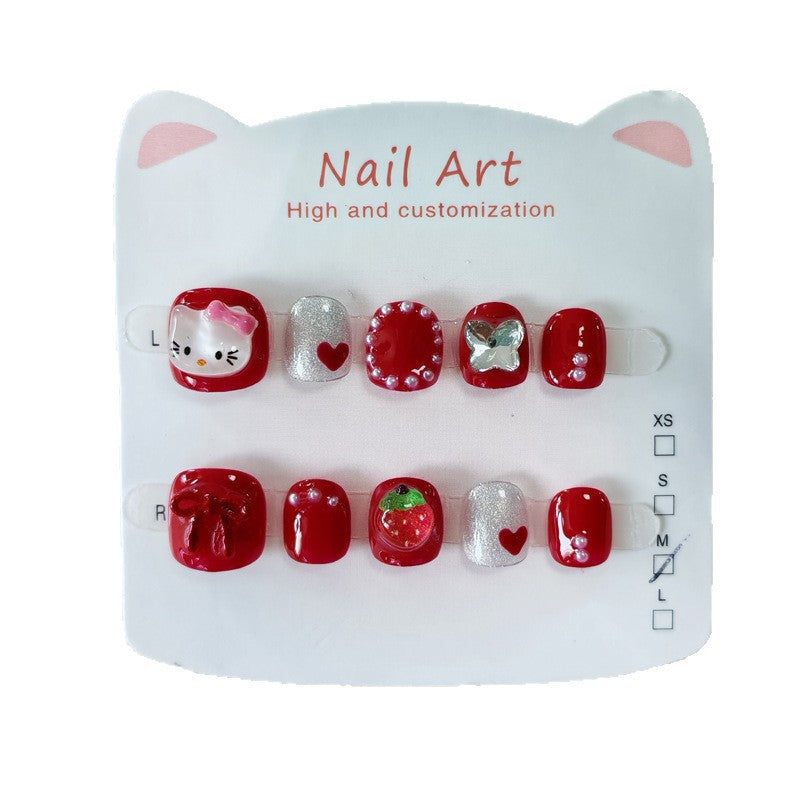 365nails: 櫻桃莓 Hello Kitty – 短款 圓形 手工製 兒童穿戴甲