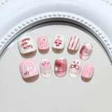 Uñas infantiles con diseño de conejo infantil, de color rosa, con dibujos animados, con forma de pastel, con efecto ojo de gato, tridimensionales y rayas, con destellos finos | 365nails