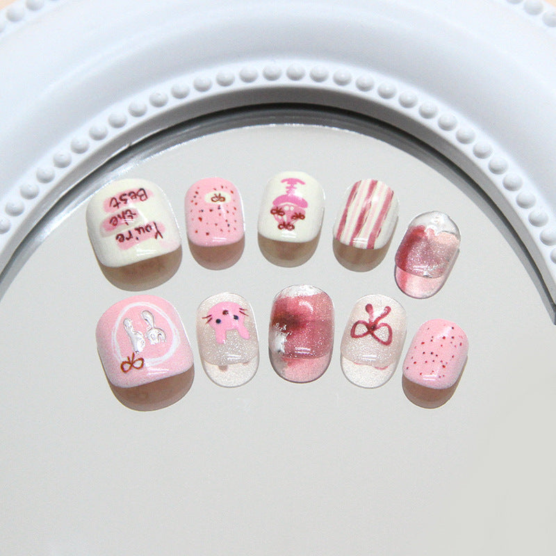 Uñas infantiles con diseño de conejo infantil, de color rosa, con dibujos animados, con forma de pastel, con efecto ojo de gato, tridimensionales y rayas, con destellos finos | 365nails