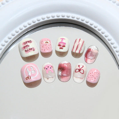 Cartoon pink cute childlike rabbit pastry bow smudged three-dimensional striped cat eye fine flash kids nails｜365nails