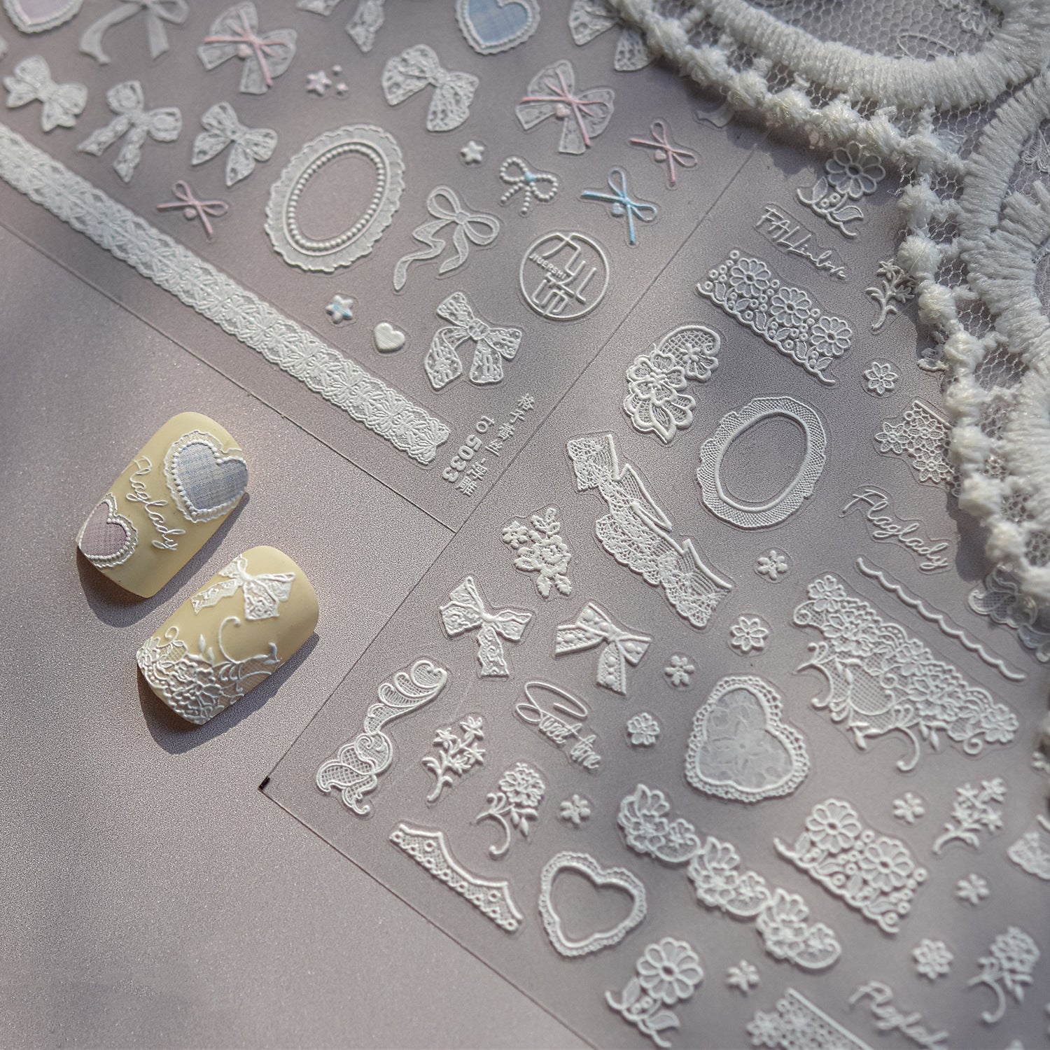 白色蕾絲與蝴蝶結裝飾（新娘白蕾絲）— 5D 浮雕甲貼