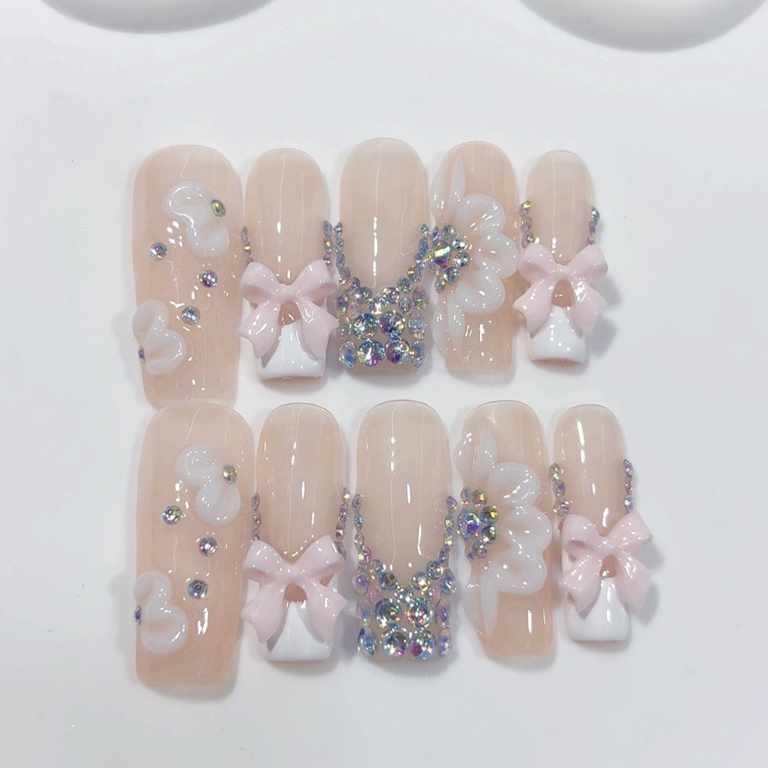 Coquette Bow Dream: "Pink & White" – Square Press-On Nails
