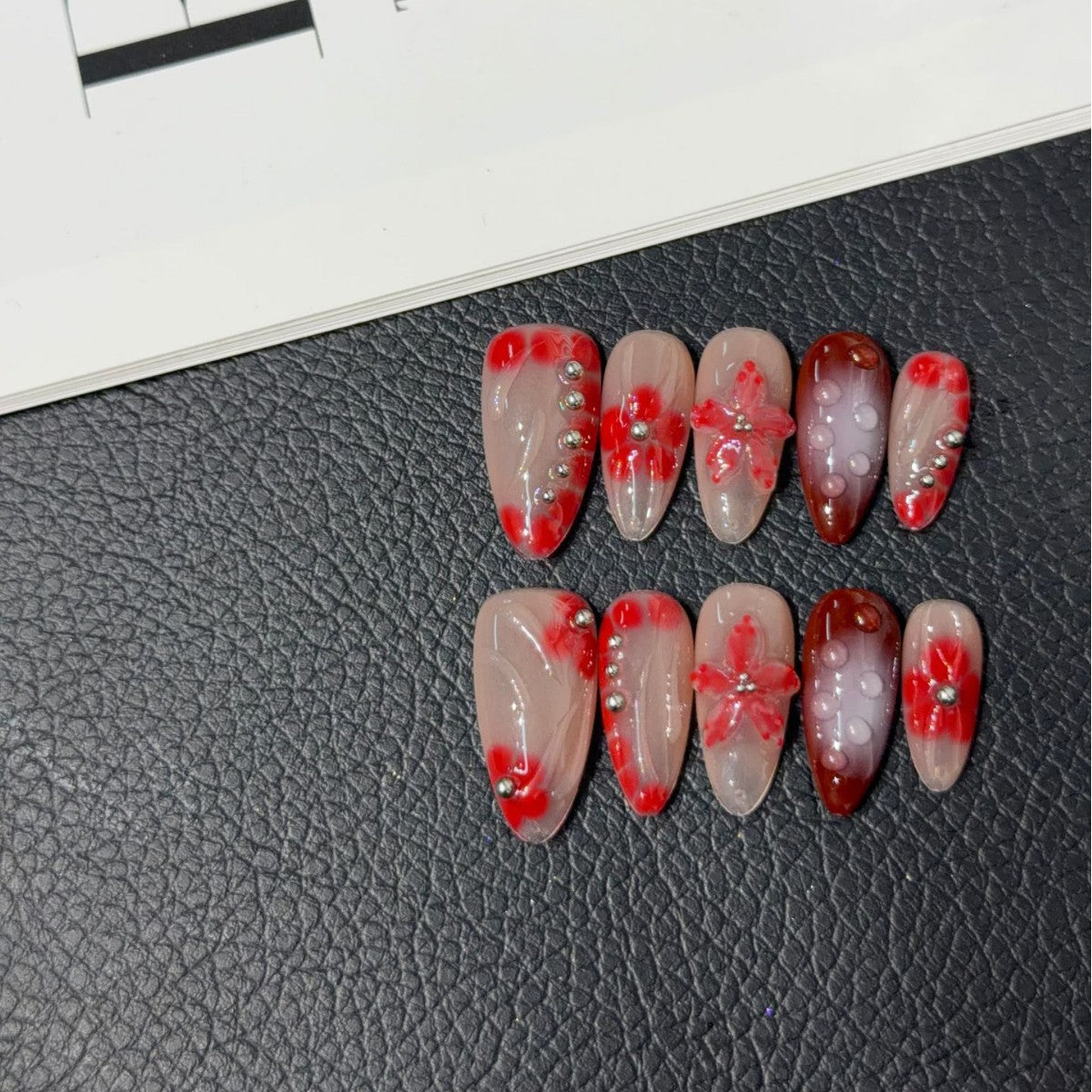 365nails: "Bloody Rose" – 3D Floral & Marble Handmade Almond Nails