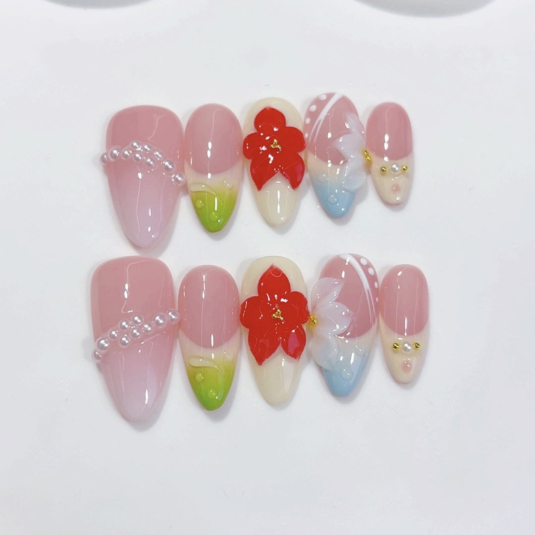 Spring Blossom: "Cherry Pearl Glow" – Almond Shape Handmade Press-Ons
