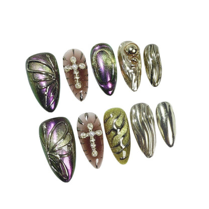 Magic gold hand-painted butterfly metal relief blush nail  almond cat eye manicure｜365nails