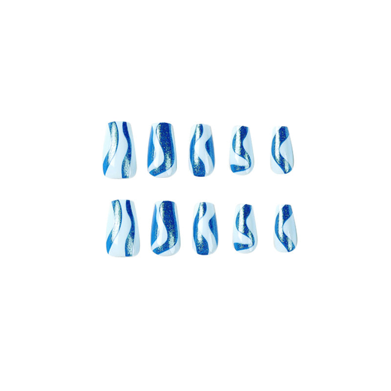 Wear nail short ballet blue glitter wave nail patch Wear nail wholesale Wear nail advanced nails｜365nails