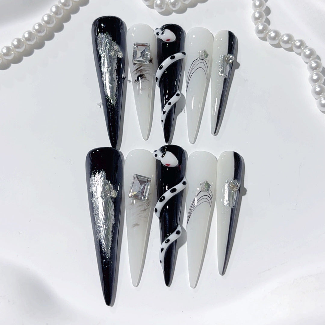 Black White Snake Graphic Crystal Statement Press On Nails