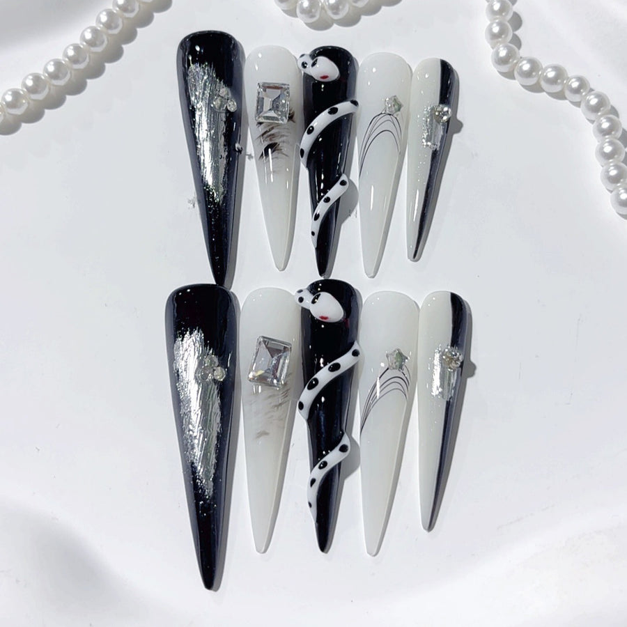 Black White Snake Graphic Crystal Statement Press On Nails