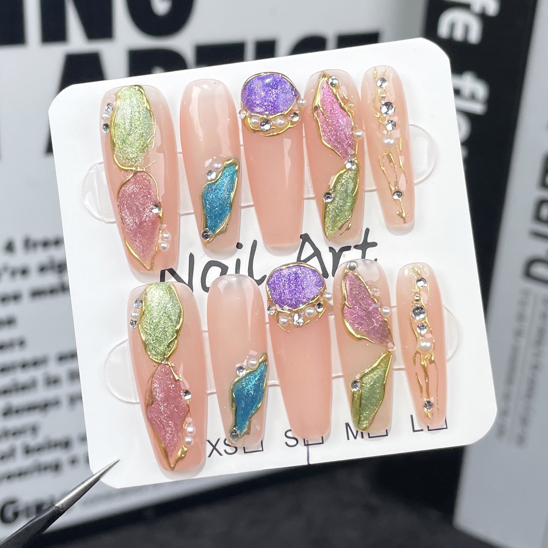 Iridescent Gem Leaf Long Nail Set