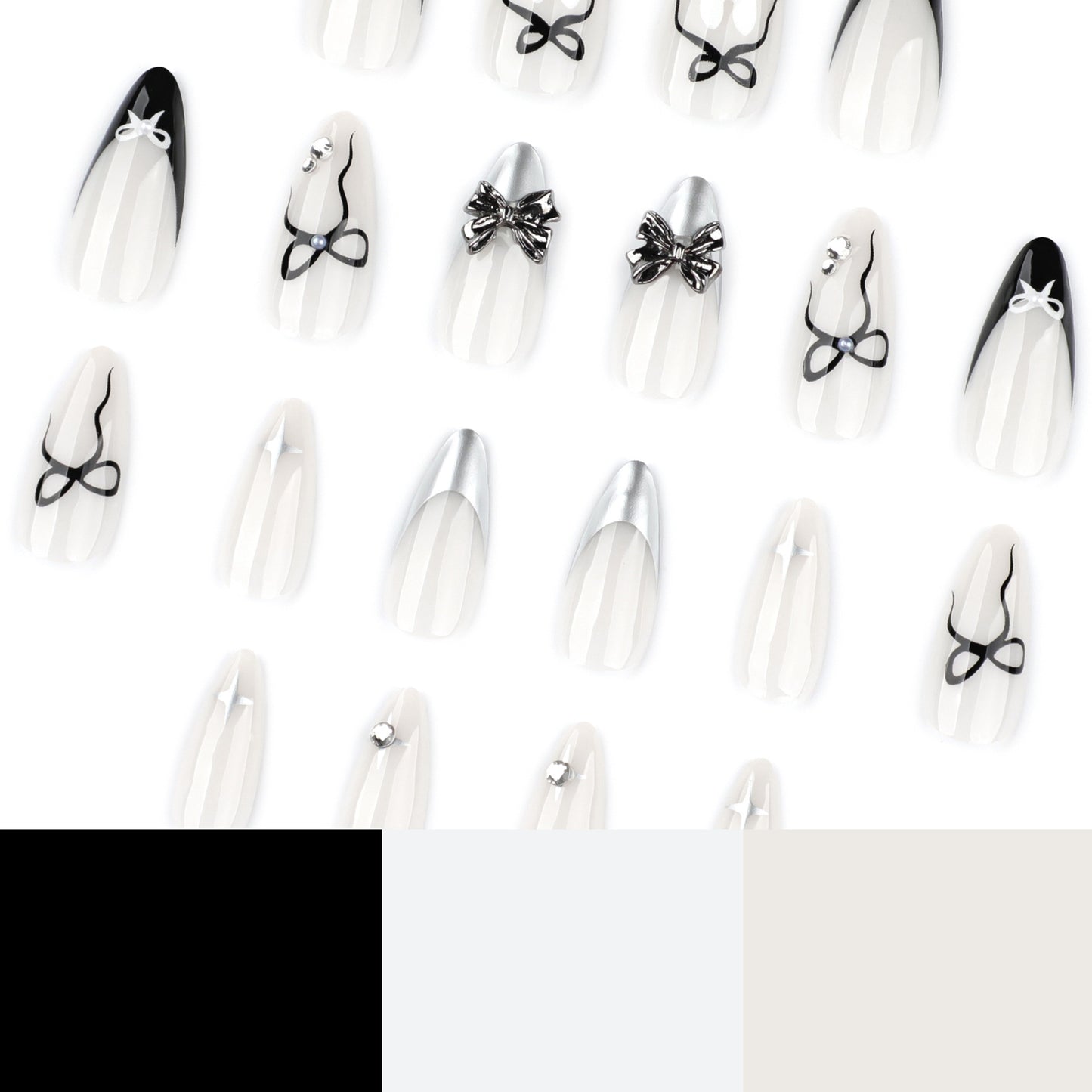 Sweet and Cool Short Almond French Black Metal Bow press-on nails