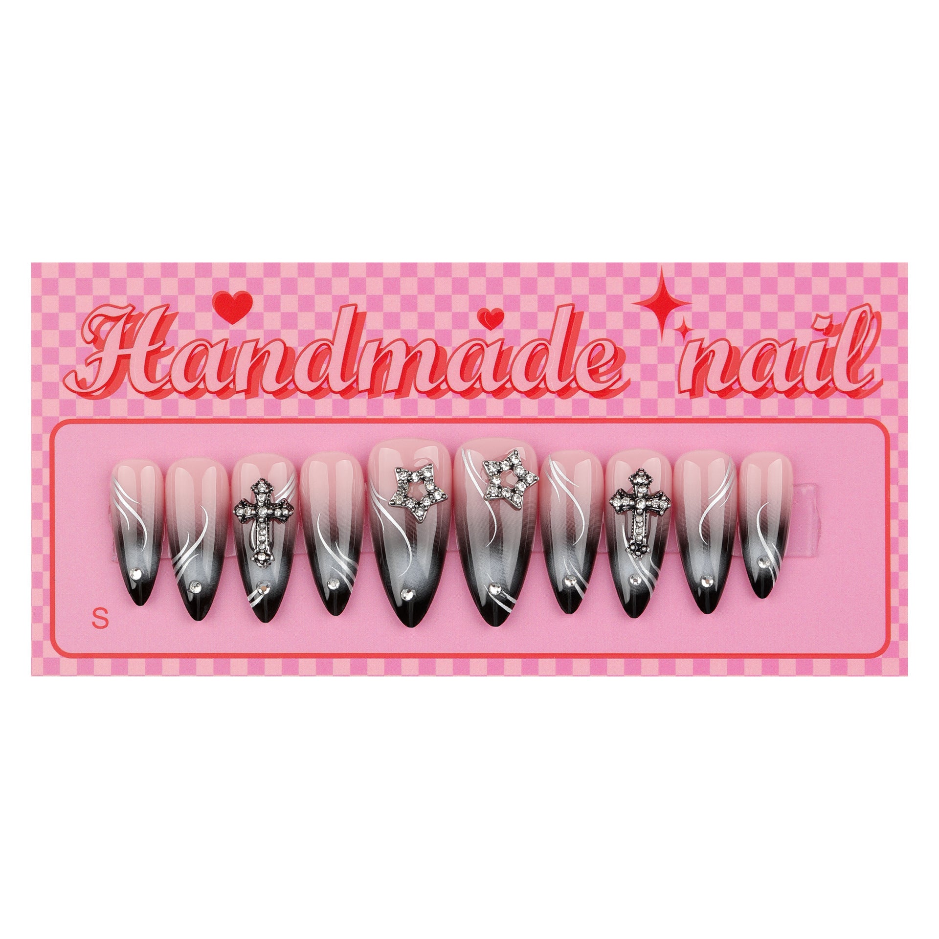 Red-Black Ombre Flame-Inspired Handmade Press-On Nails | Stiletto | Silver Cross Charms with Rhinestones