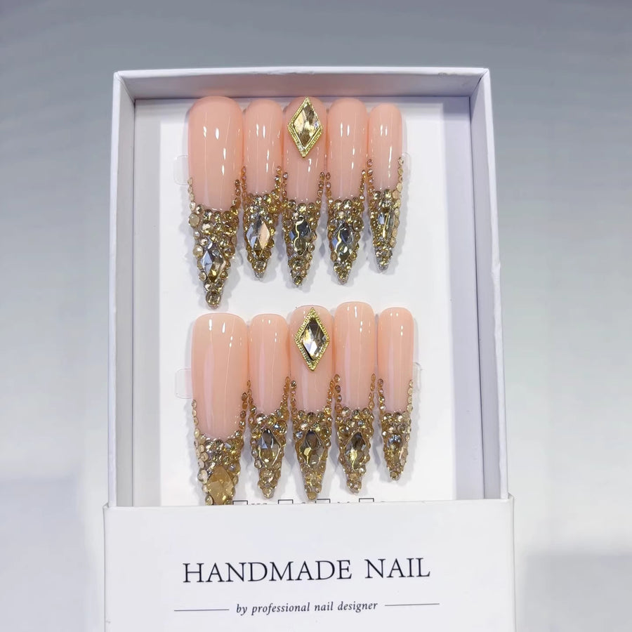 Unhas Postiças Drip de Cristais Dourados Nude Luxuosas Marcantes