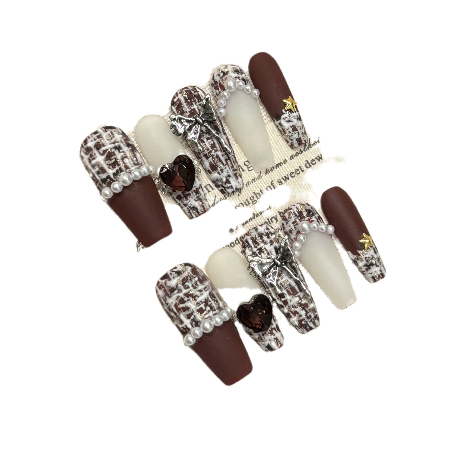 365nails: "Noir Elegance" – 3D Tweed & Heart Gem Handmade Coffin Nails