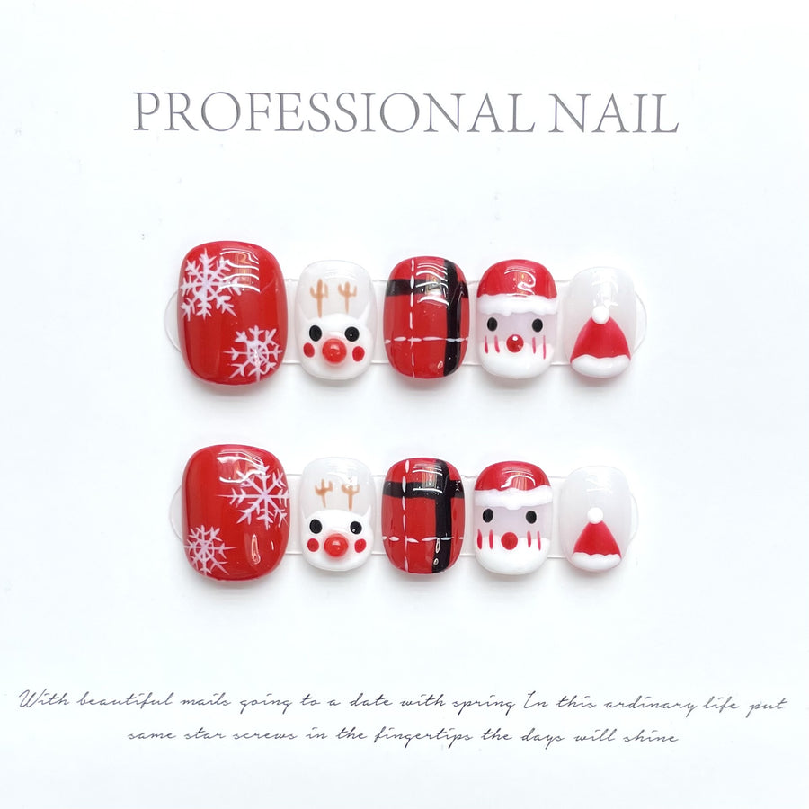 Cute Red Christmas Press‑On Nails – Reindeer Santa Snowflake Design