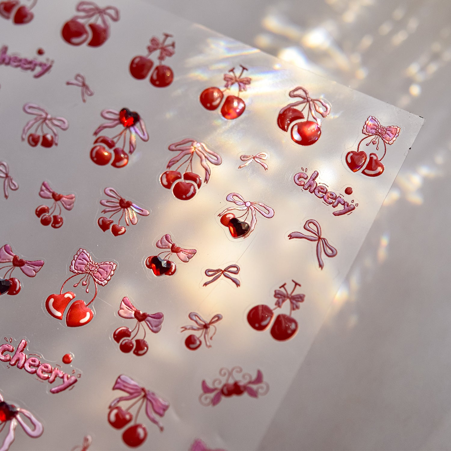 Cherry Bow Crystal Collection: "Sweet Cherry" – 3D Embossed Nail Sticker