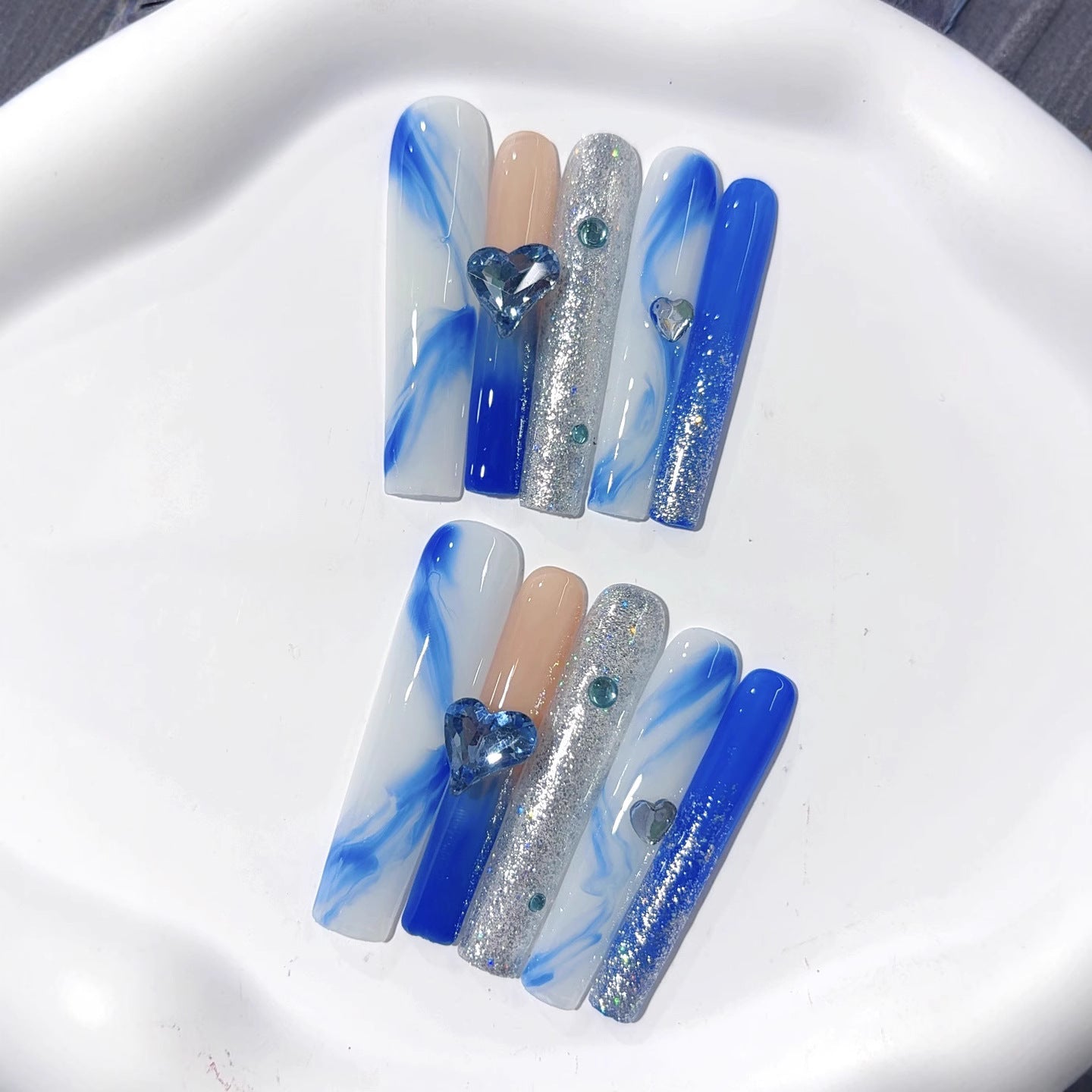 Blue Marble Heart Crystal Glam Press On Nails