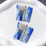 Blue Marble Heart Crystal Glam Press On Nails
