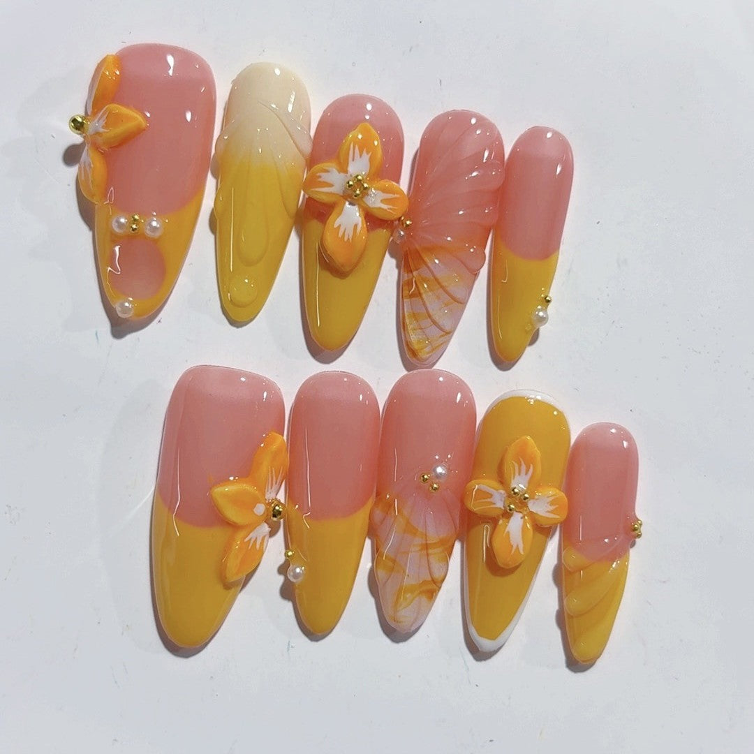365nails - 陽光綻放：橘色花朵 — 杏仁形 手工製 立體雕刻 穿戴甲