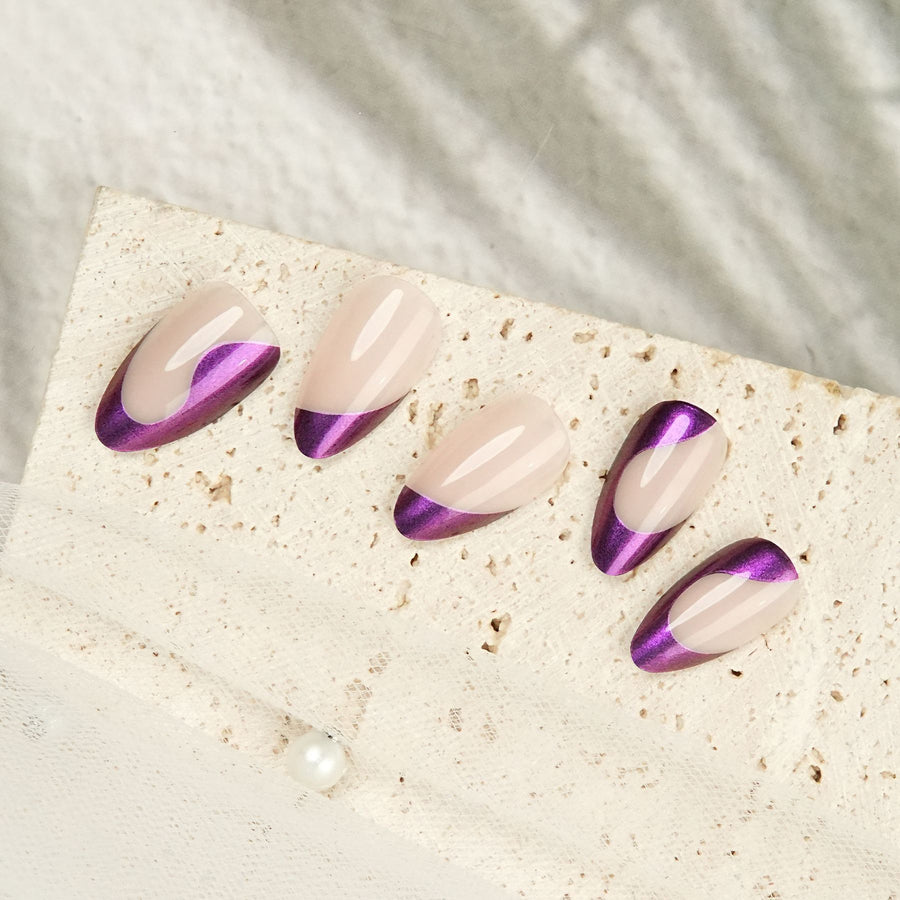 Metallic Purple French Short Almond Nail Set