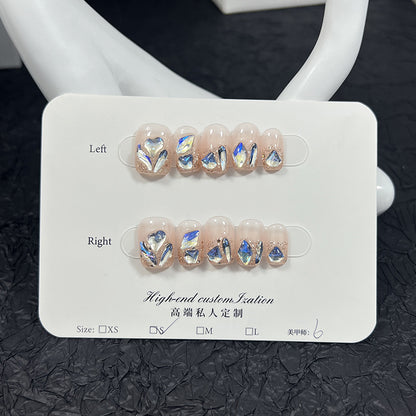 Summer fresh moonlight blue bright diamond short manicure patch detachable fake nails pure handmade press-on nails wholesale｜365nails