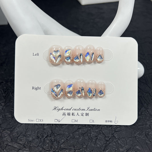 Summer fresh moonlight blue bright diamond short manicure patch detachable fake nails pure handmade press-on nails wholesale｜365nails