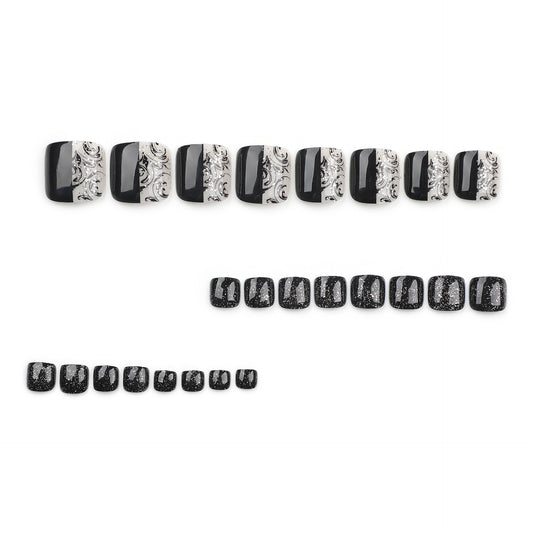 Simple solid color foot nail patch wholesale pattern classic black splicing nail glitter short ｜365nails