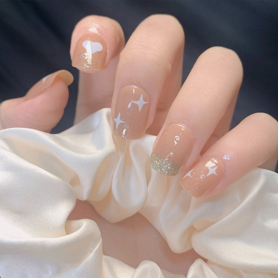 Unhas postiças nude love glitter com acabamento em unha postiça, remendo para unha removível ｜365nails