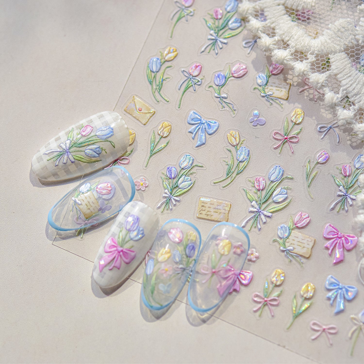 粉彩春日花卉與情書：「秘密花園情書」— 5D浮雕指甲貼紙