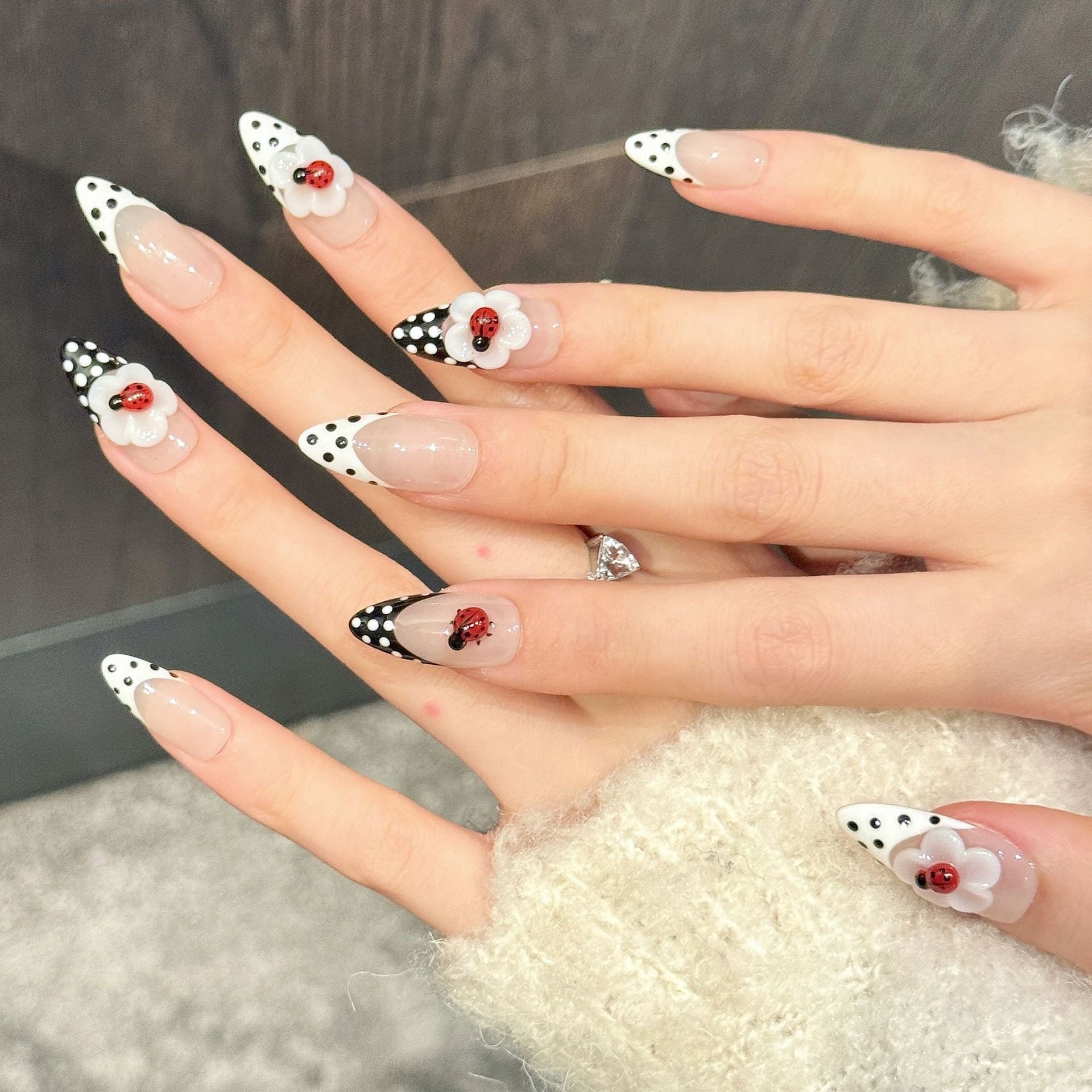 365nails: "Ladybug Bloom" – 3D Floral & Polka Dot Handmade Press on Nails Short Coffin Nails