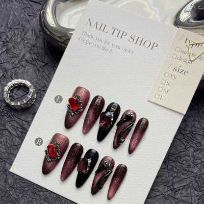 Spice Girls Three-dimensional Snake Pattern fake nails White press-on nails Art Finished Hands Dark Blood Red Spice Girls Nail Art | 365nails