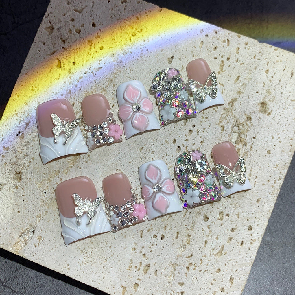 White Floral Butterfly Crystal Press On Nails