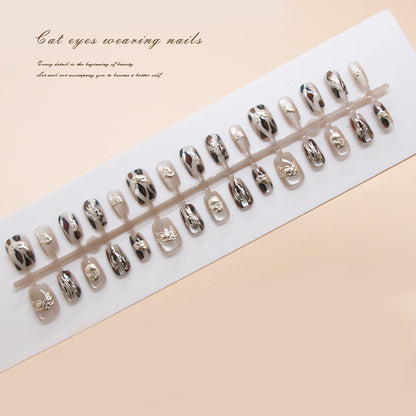 Nail Tips  prefabricated nail, press on nails, simple leopard print, removable, light-chasing cat eye nail piece, short T nail patch｜365nails