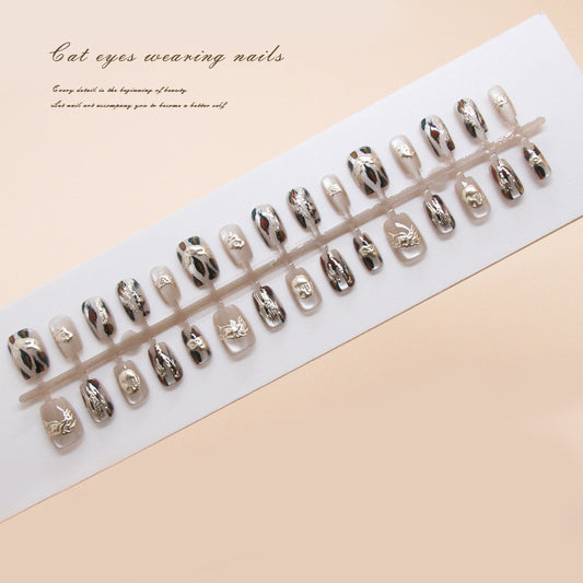 Nail Tips  prefabricated nail, press on nails, simple leopard print, removable, light-chasing cat eye nail piece, short T nail patch｜365nails