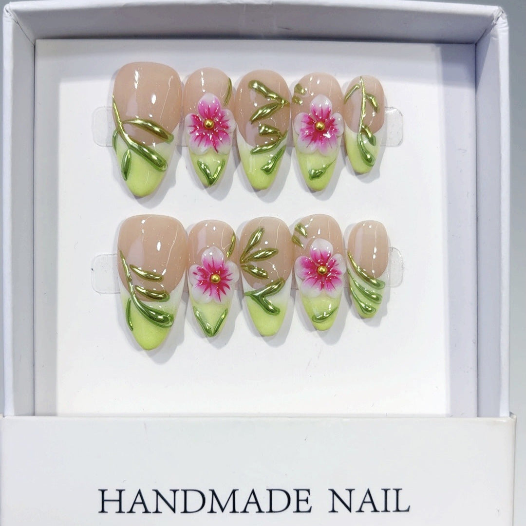 Floraison printanière : "Fleur rose et vigne" – mi-long forme amande fait main ongles press-on