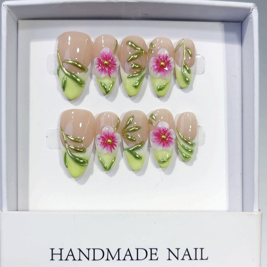 Spring Bloom: "Pink Flower & Vine" – Medium Almond Handmade Press On Nails