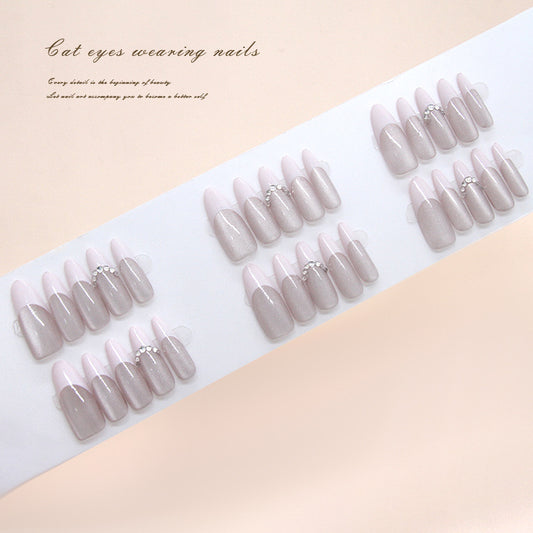Nail Tips  prefabricated nail whitening temperament powder French cat eye flashing  removable press on nails diamond 30 pieces｜365nails