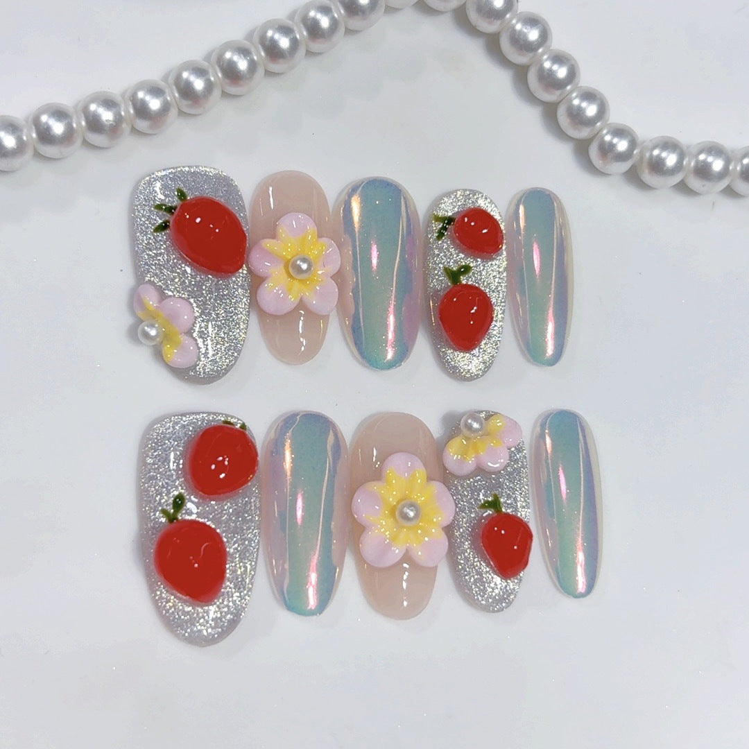 Cherry Berry: "Morango & Floral" – Unhas Postiças Quadradas