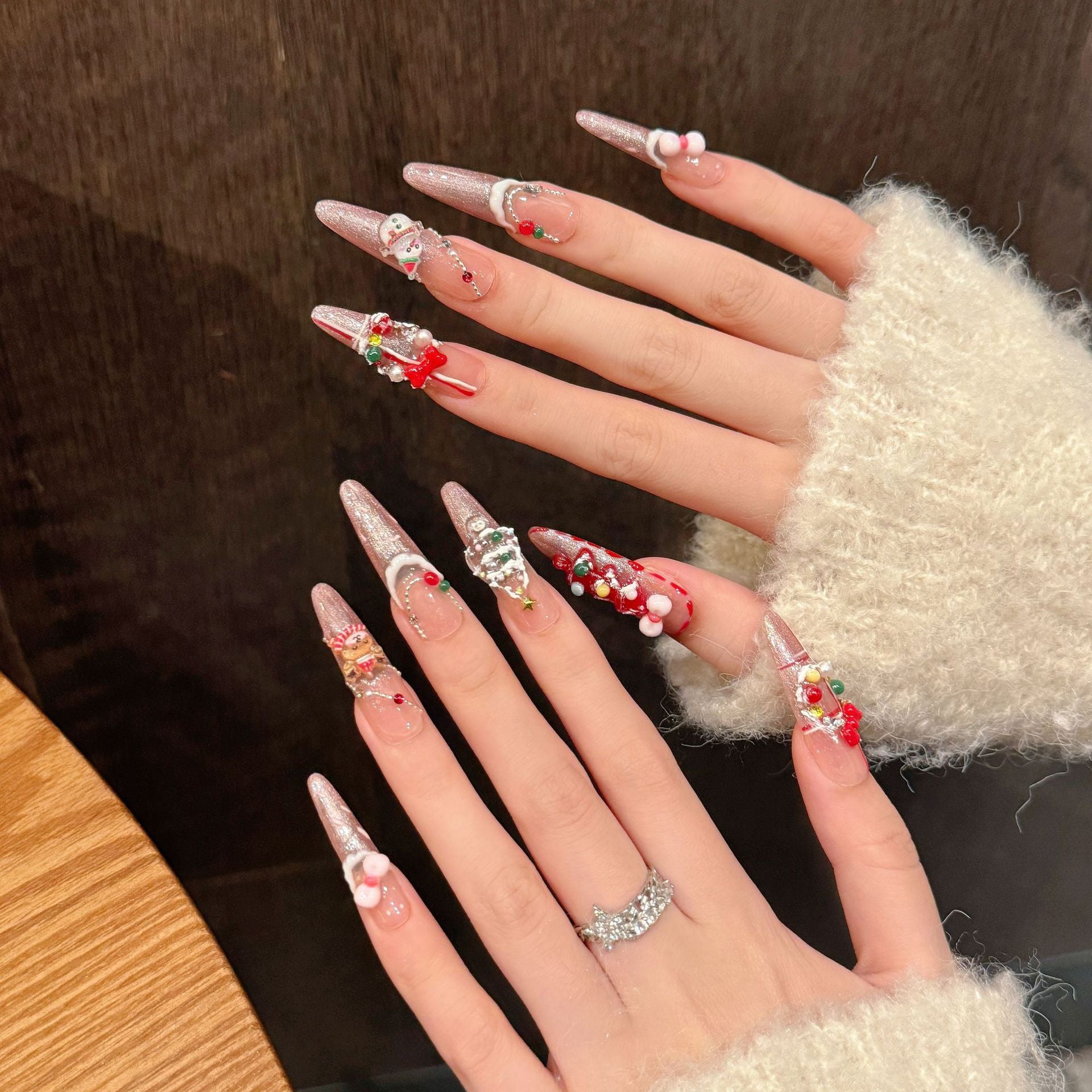 Pink Glitter Christmas Press‑On Nails – Santa & Candy Ornament Design